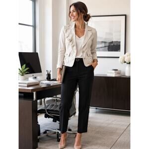 CAbi White Ruffle Blazer Jacket Medium Cropped 100% Linen Blend Military Chic